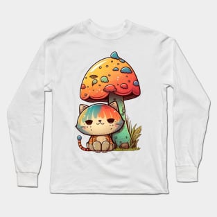 Psychedelic Cat Under Mushroom Cartoon Design Long Sleeve T-Shirt